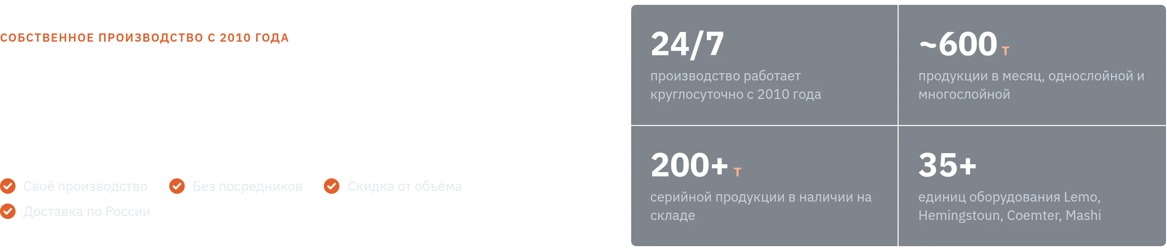 Собственное производство с 2010 года: работаем 24/7, около 600 т продукции в месяц, 200+ т на складе, 35+ единиц оборудования